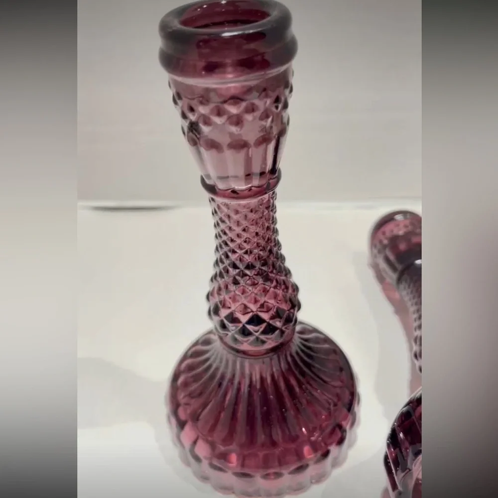 Vintage Purple / Cranberry Pressed Glass Candlesticks – Pair